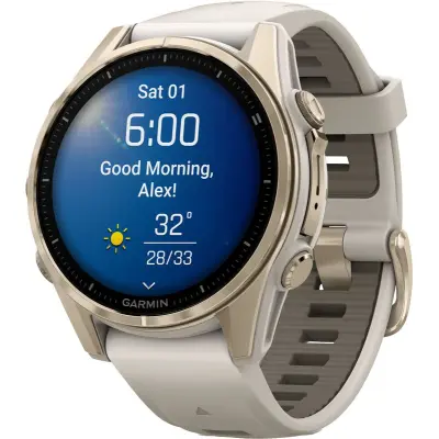 Garmin Fenix 8 Sapphire 43 mm Pulsklocka Soft Gold w/ Fog Gray/Dark Sandstone Silicone Band