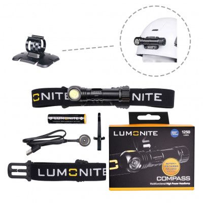 Pannlampa LUMONITE Compass - 1250 lm / Laddbar, Grundpaket + Hjälmfäste (klister)
